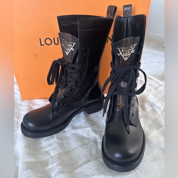 New LOUIS VUITTON Black Leather Metropolis Flat Ranger LV Monogram Combat Boots - Picture 3 of 13